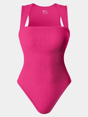 NWOT OQQ Strappy Square Neck Sleeveless Tummy Control Tank Bodysuits - Hot Pink